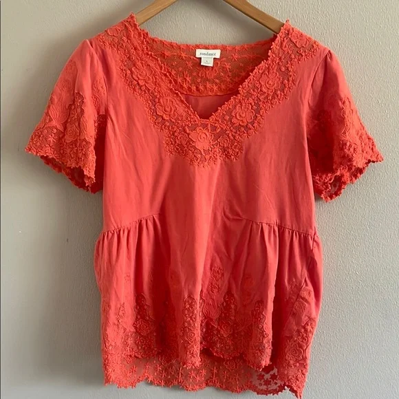 Sundance Coral Lace Trim Short Sleeve Top Size L - Picture 2 of 12
